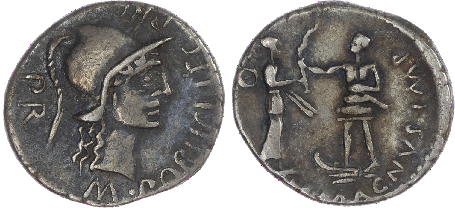 Cnaeus Pompey Jr (46-45 BC) AR Denarius, uncertain mint in Spain, M. Poblicius, legatus pro praetore, 3.80g.