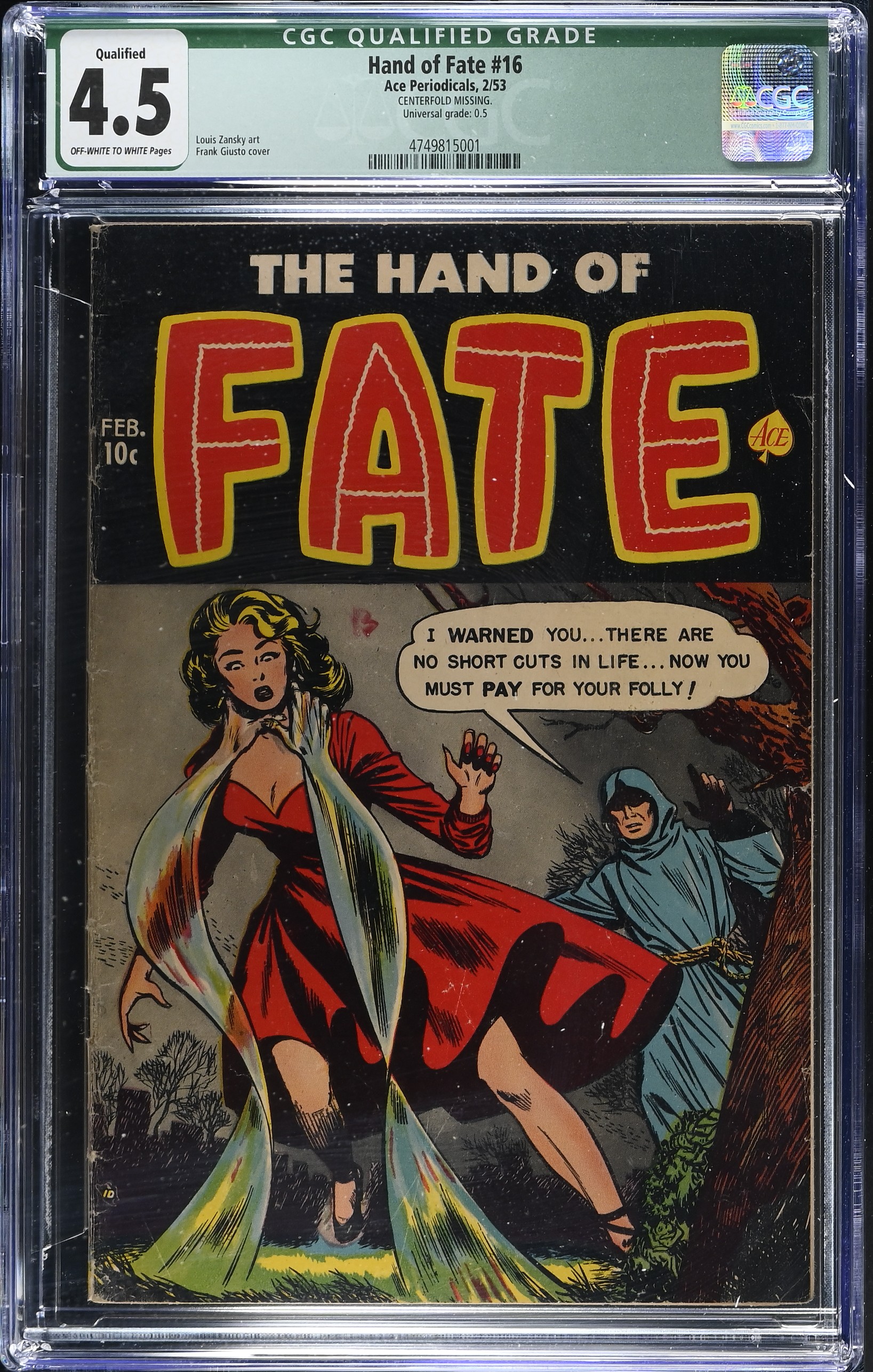 Hand of Fate #16 CGC 4.5 Qualified Strangulation Cover by Frank Giusto (Ace Periodicals, 1953) Off-White to White Pages