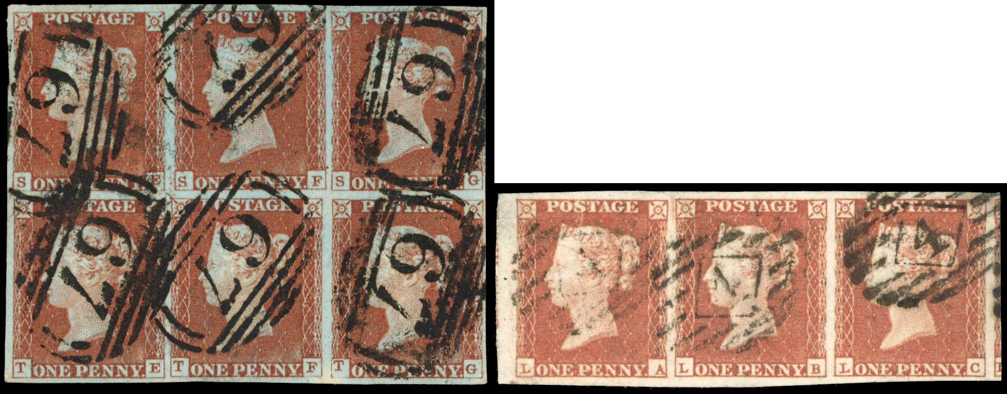 GB: 1841-51 1d red-brown, block of six with large margins (SE-TG), used