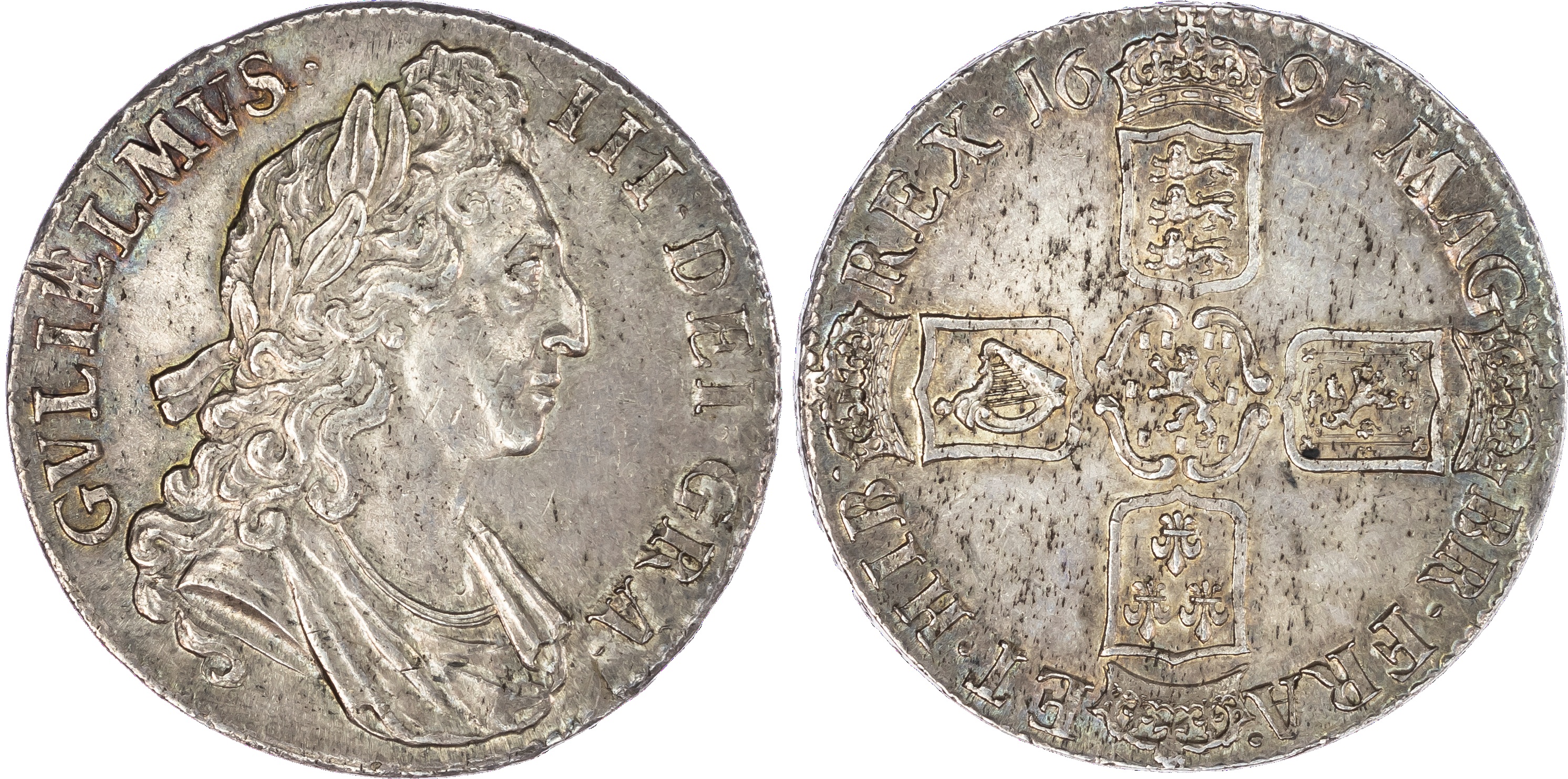William III (1694‑1702) Crown, 1695, Octavo edge year, first laureate and draped bust right, toothed outer borders both