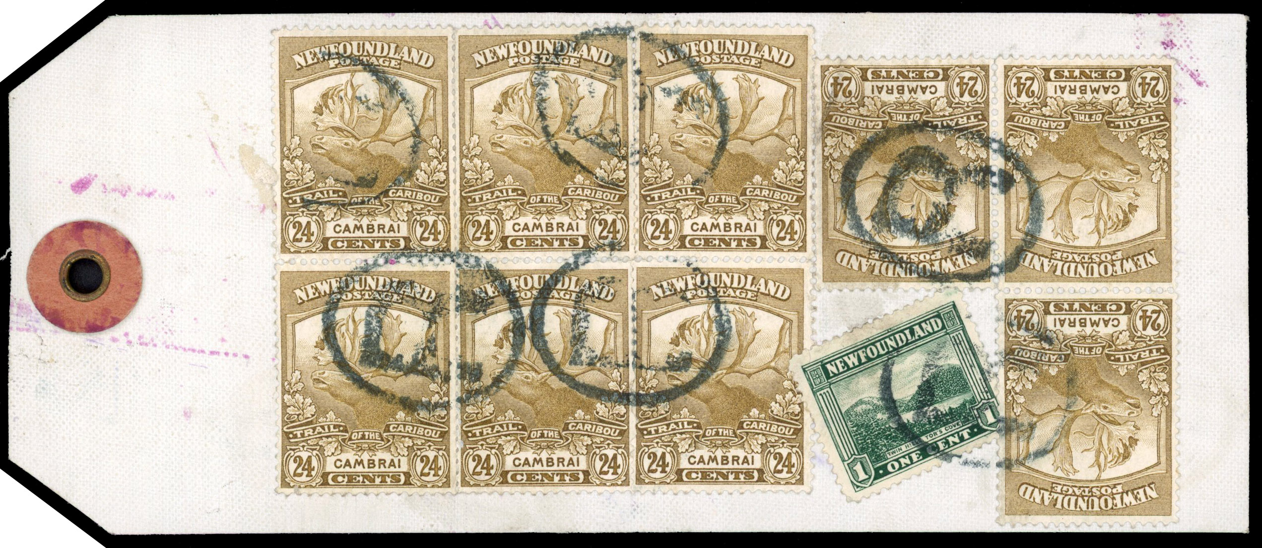 Newfoundland linen parcel tag to Halifax SG 140 24c (x9) and 1c SG 149