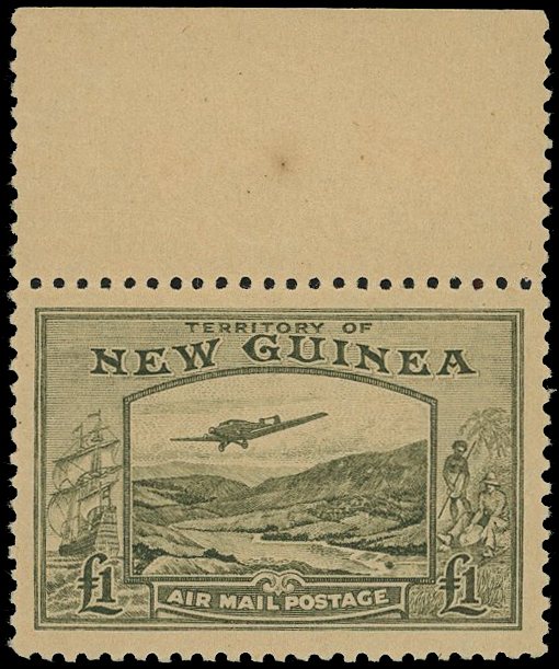 1939 £1 olive-green top marginal example, unmounted o.g., gum a little dark - not unexpected for this stamp. SG 225,...