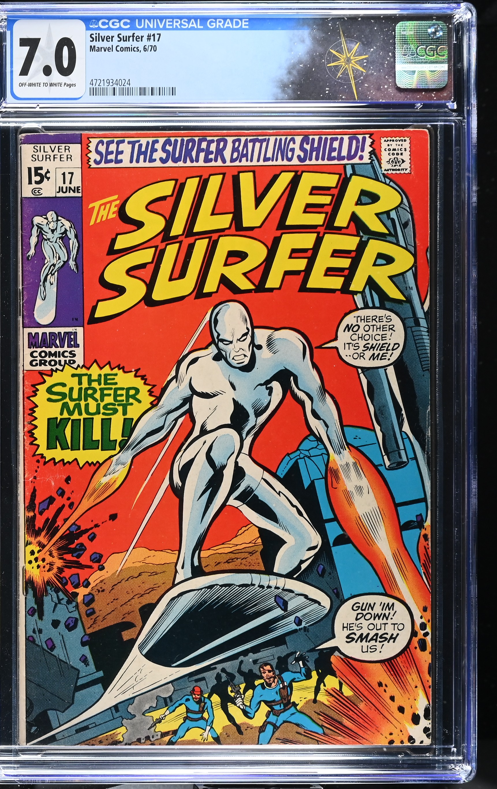 Silver Surfer #17 CGC 7.0 "The Surfer Must Kill!" (Marvel Comics, 1970) Off-White to White Pages