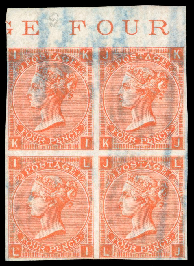 GB 1870 4d Vermilion Pl. 12, upper marginal imperforate block of four, Spec. J59b, SG 94var