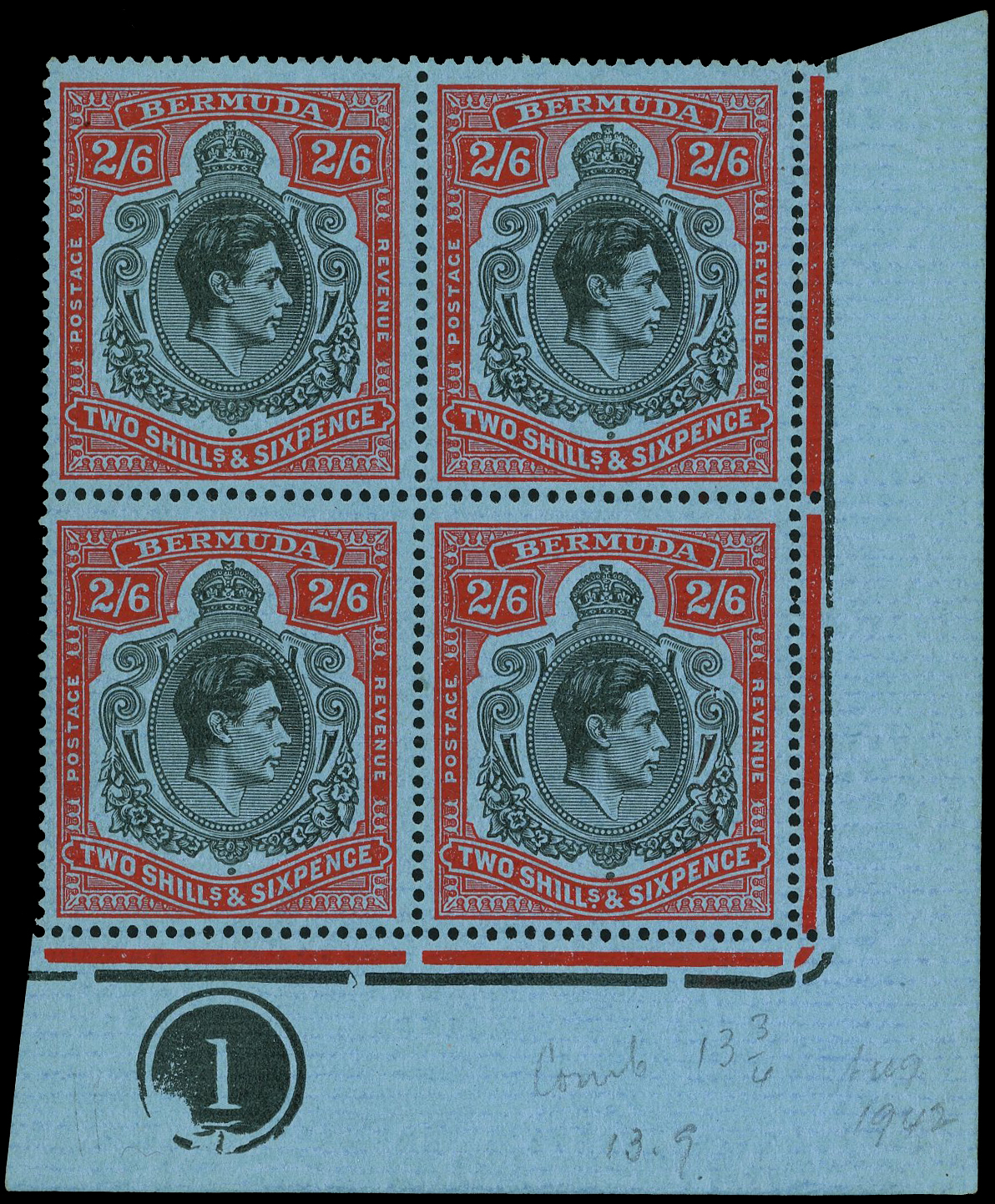 Bermuda SG 117b, be Plate block mint