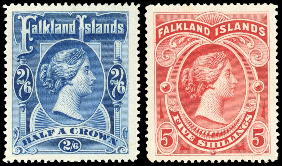 Falkland Is SG 41-2 1898 2s6d and 5s mint