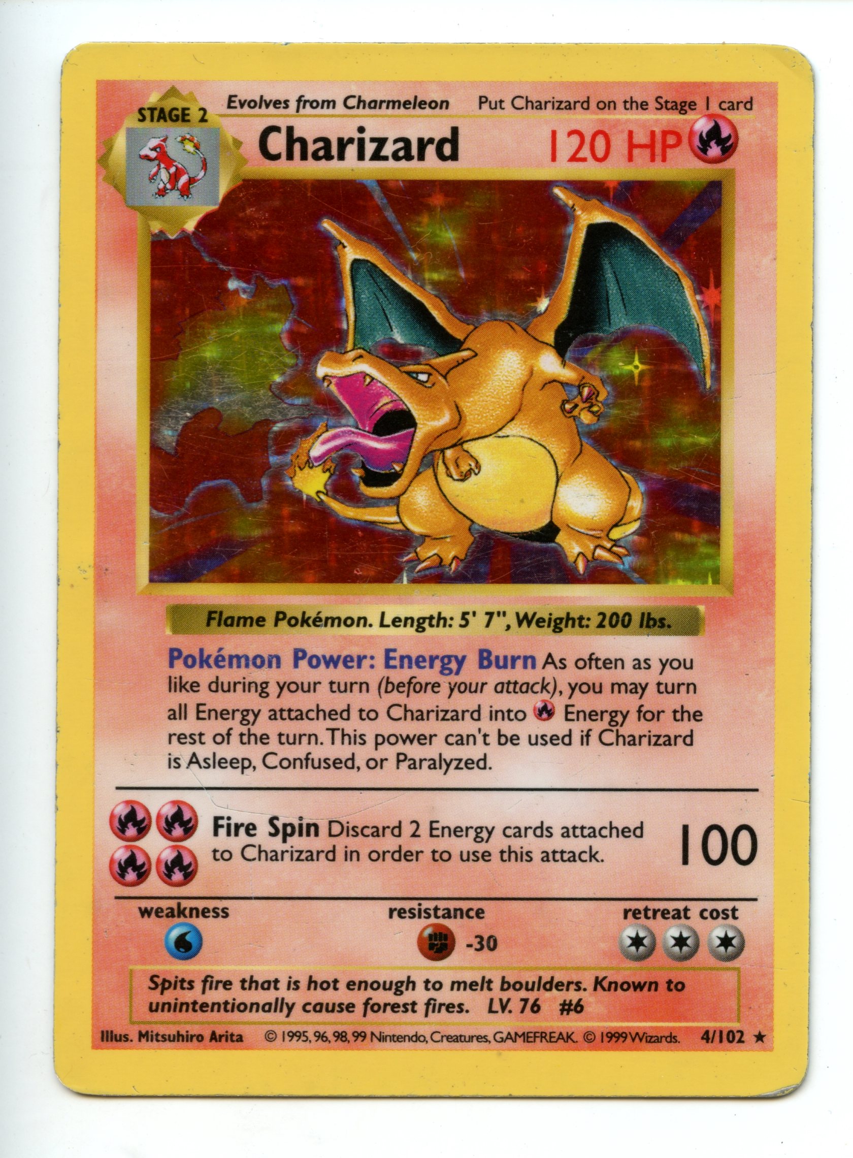 Pokemon TCG  - Charizard  HOLO  - Base Set Shadowless - Heavily Played 