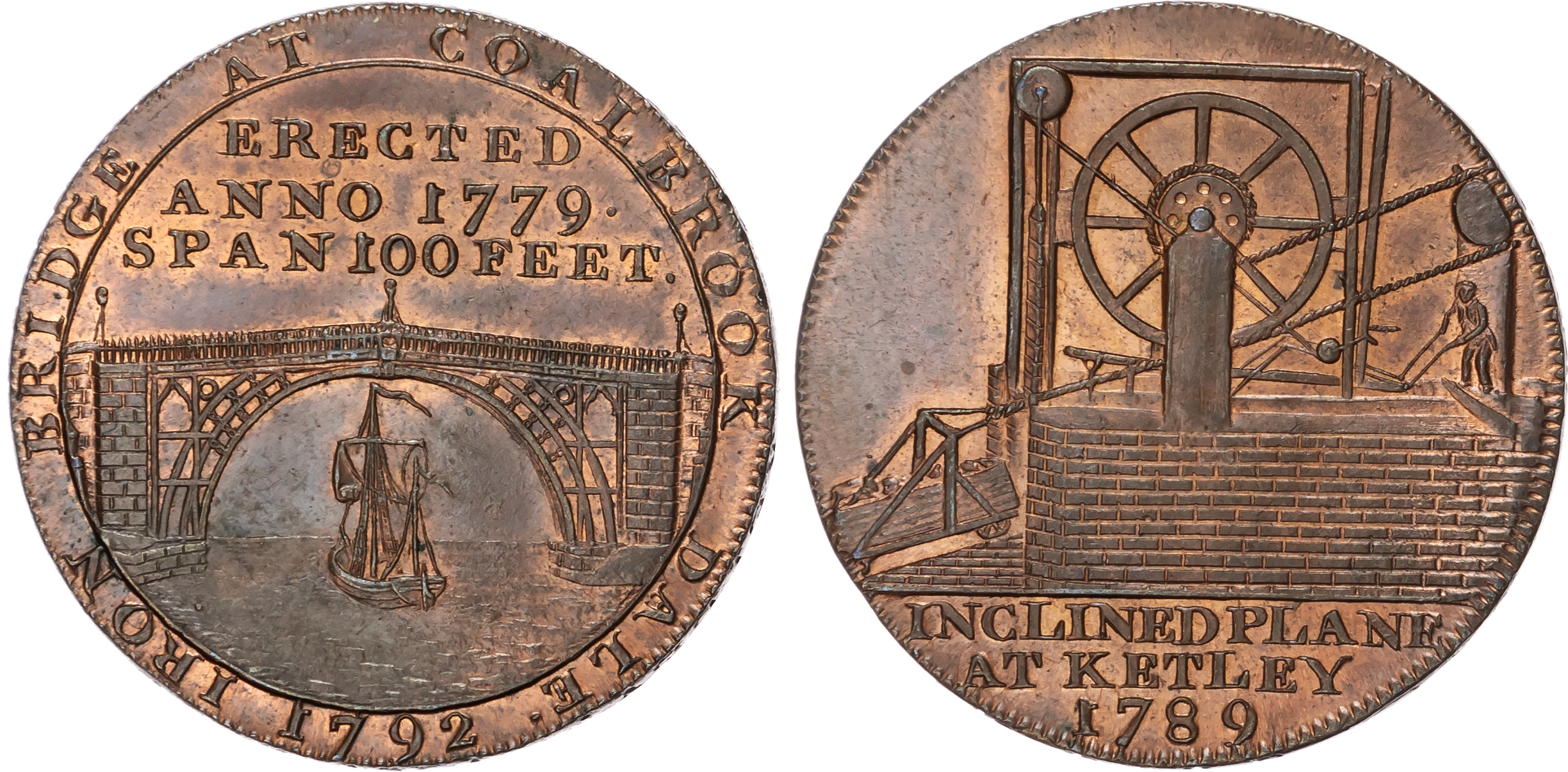 Salop. Coalbrook Dale , Richard Reynolds & Sons (ironworks) Halfpenny 1792, Sailing barge below iron bridge, r…
