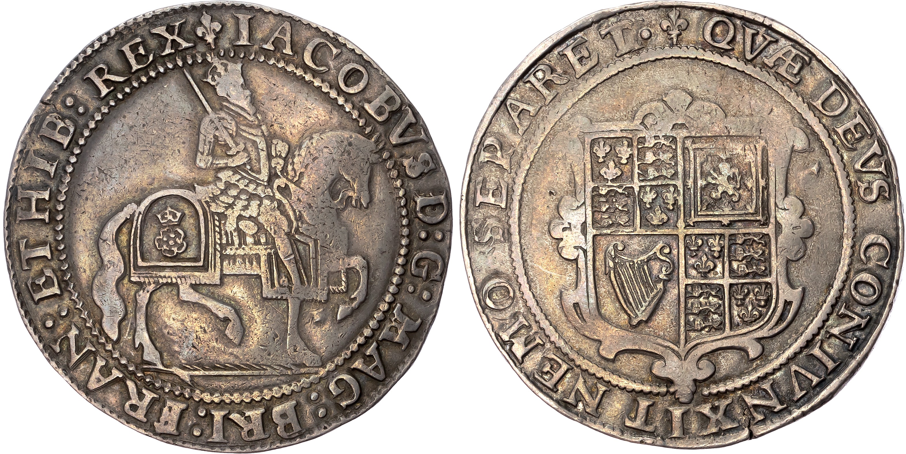 James I (1603-1625) Crown, third coinage, mintmark lis (1623-24). Crowned figure of king on horseback right, shouldering…