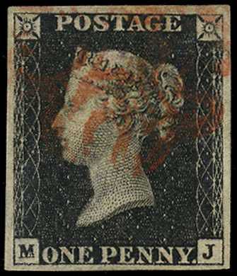 1840 1d black Plate 4 (MJ) four good...