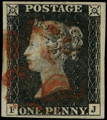 GB 1840 1d black, plate 1b (FJ), good to large margins, used with watermark inverted