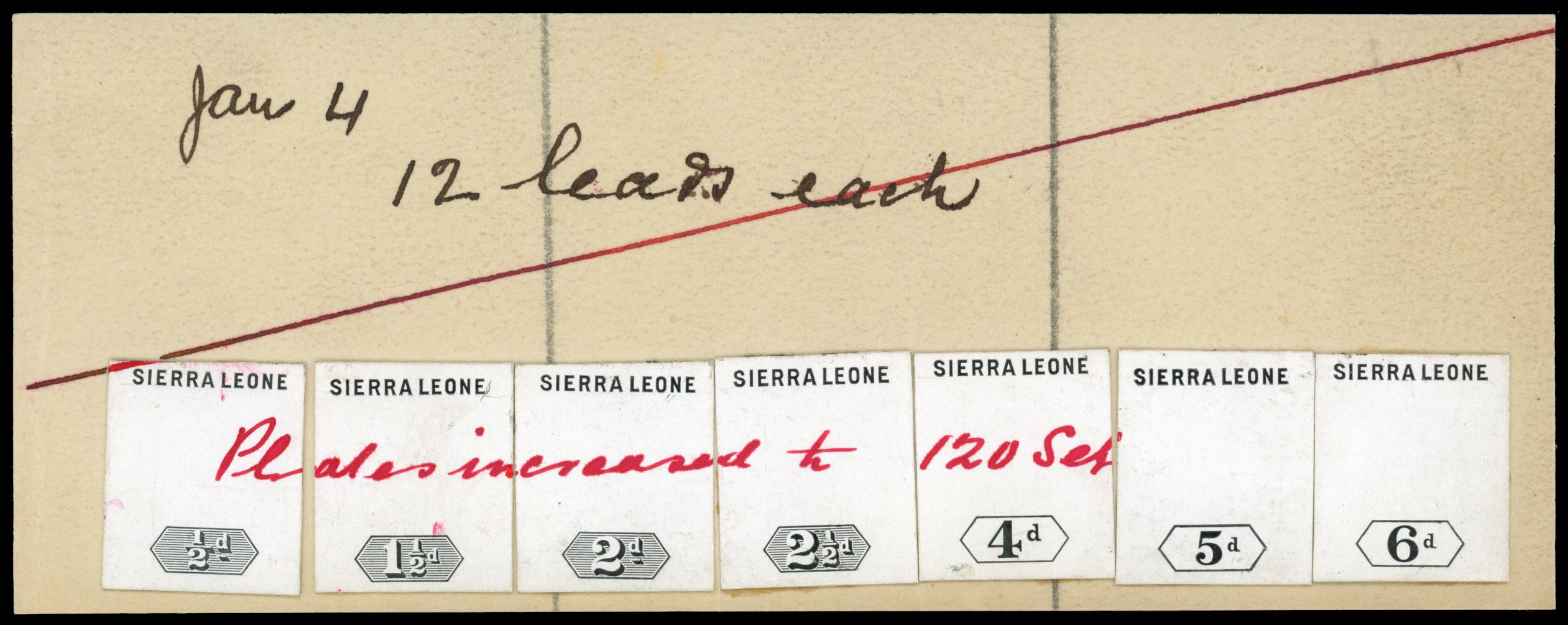 Sierra Leone 1912-22 DLR stamp sized die proofs of the duty plates from day book, SG 112var/122var