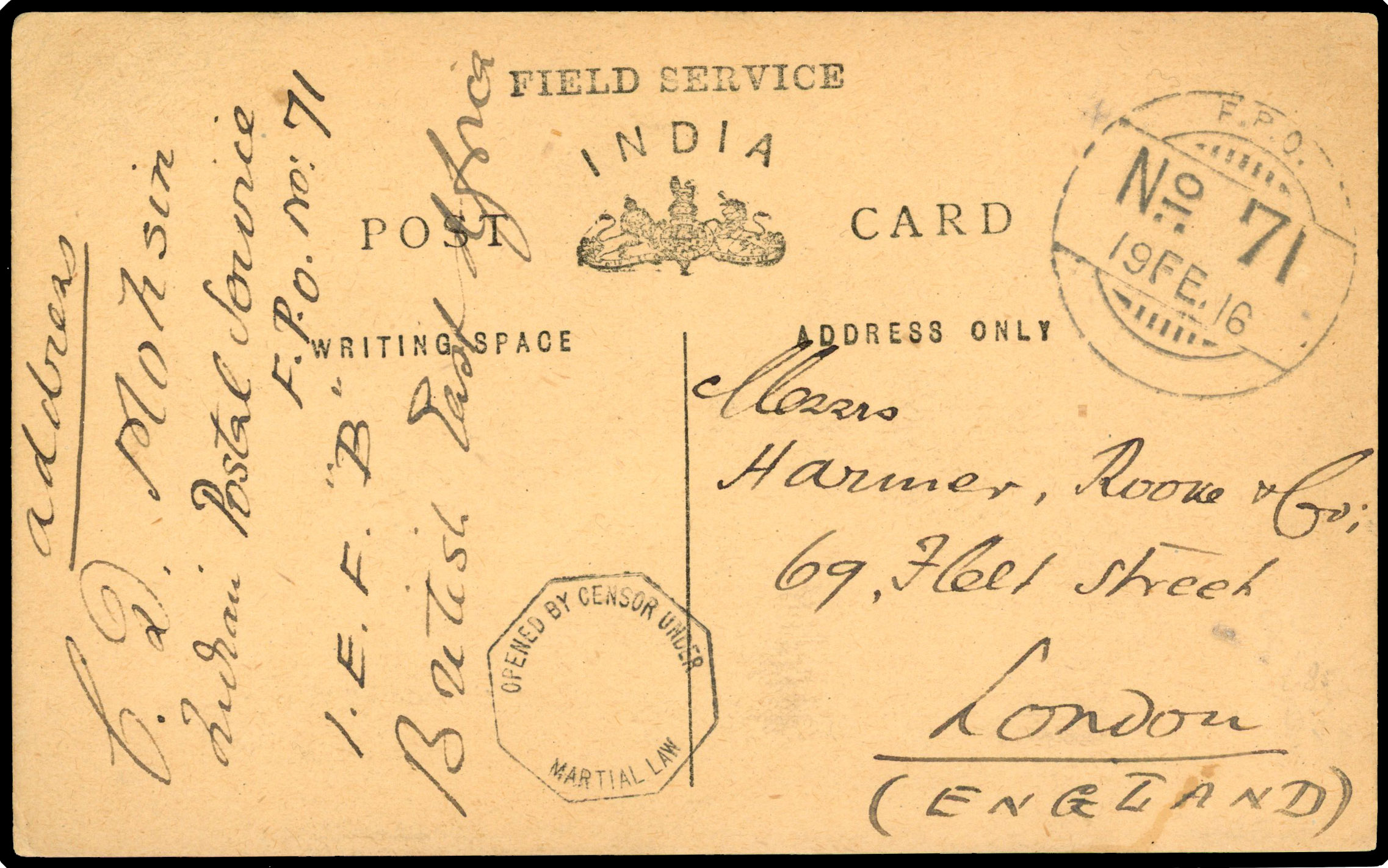 1916 Field Service India postcard to London. ADDED TO R2000893/50