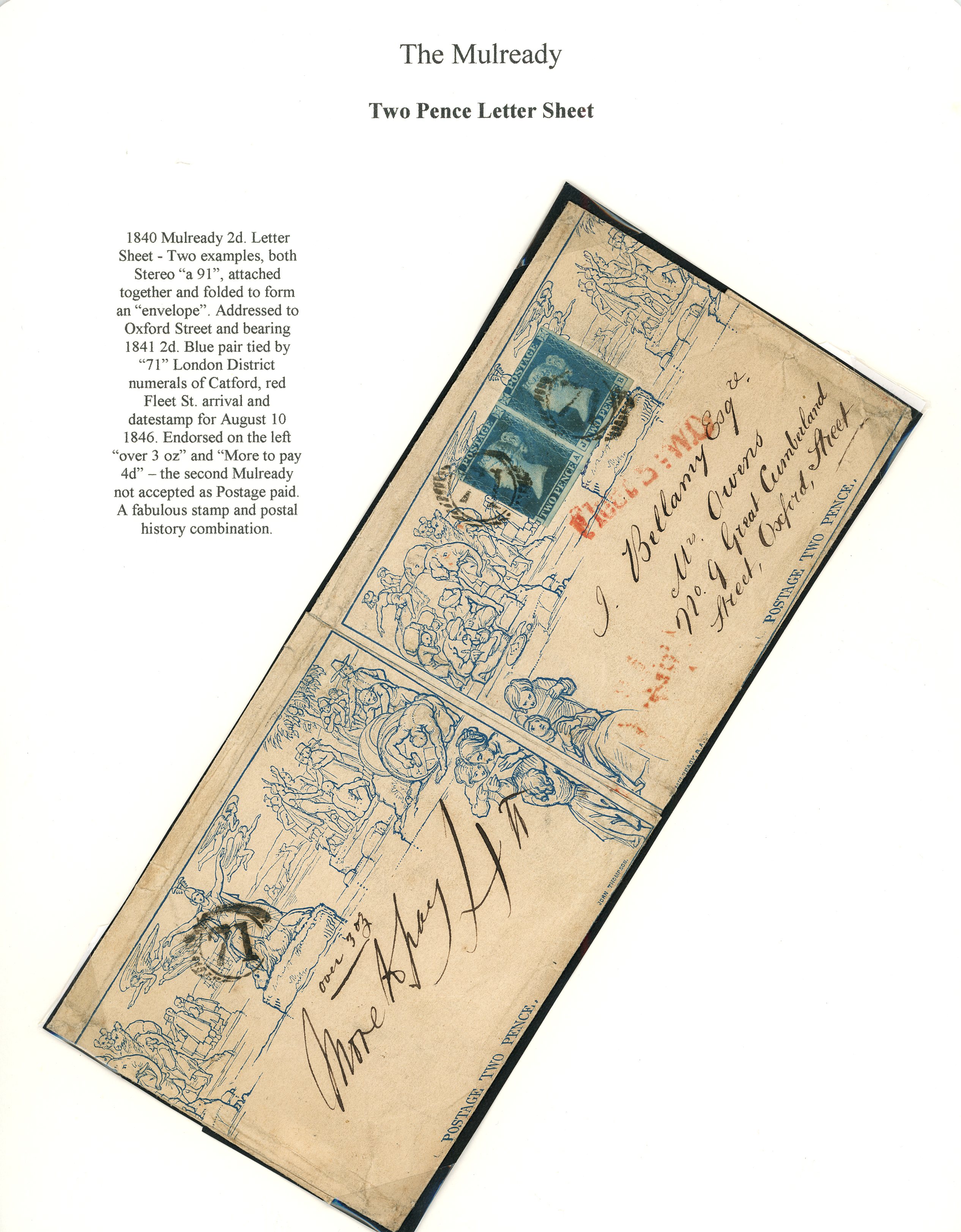 1840 2d blue Mulready letter sheet, two examples, both stereo a91, attached together to form and...