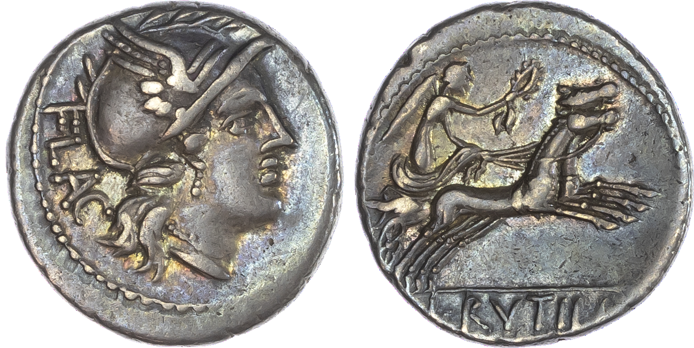 L. Rutilius Flaccus (77 BC) AR Denarius, Rome, 3.92g. FLAC, helmeted head of Roma right. Rev. Victory, holding wreath and