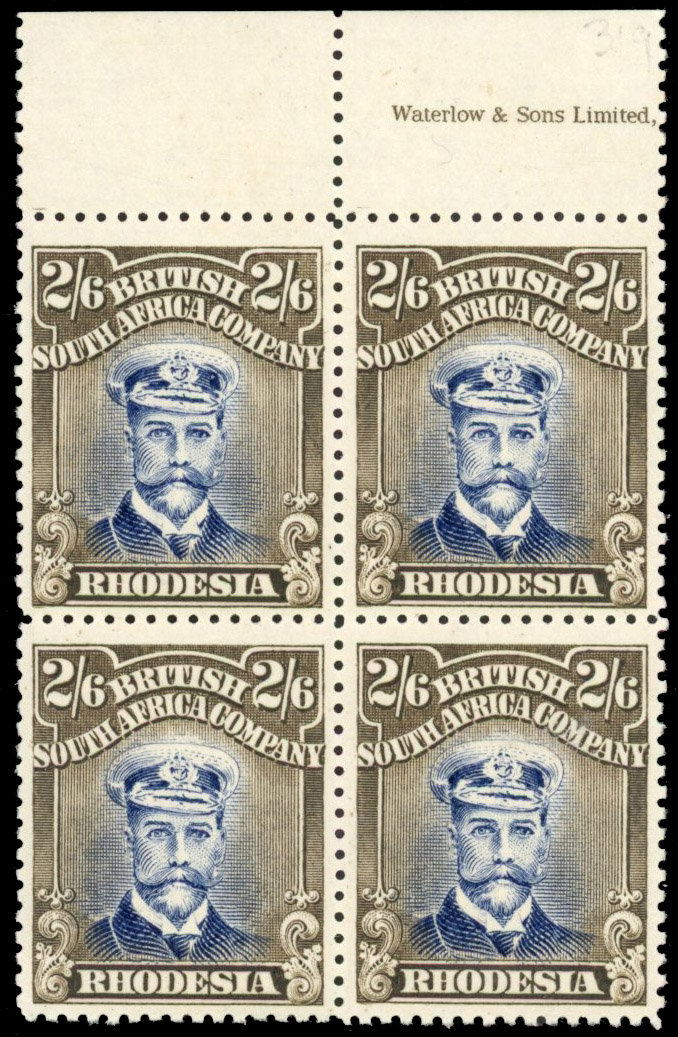 Rhodesia 2/6d perf 15, part imprint block mint