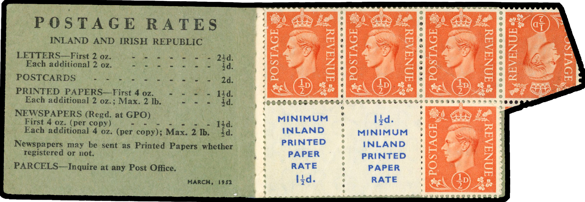 1951 ½d Pale orange. Unused o.g. part mis-cut booklet pane with a partial tête-bêche pair