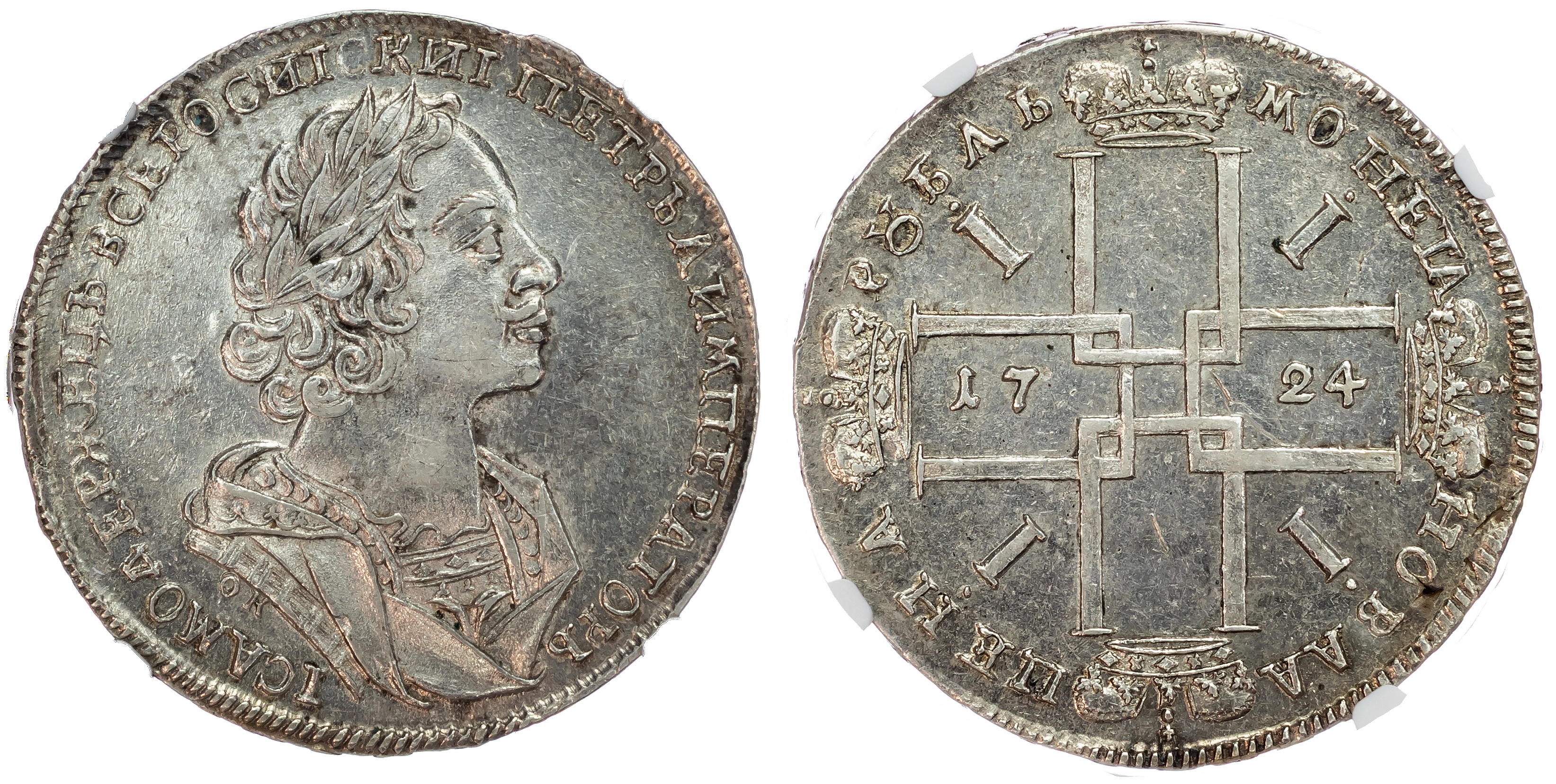 Russia , Peter I the Great (1682-1725), silver Rouble, 1724 OK, Krasny (Red) mint, Moscow (Bit. 958). In NGC h…