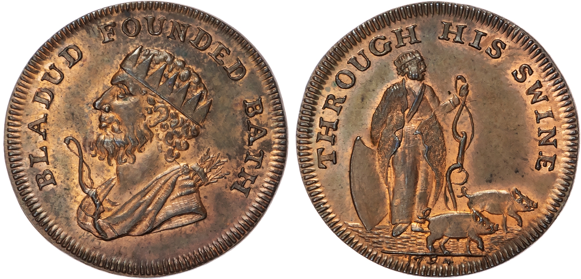 Som. Bath, Francis Heath (ironmonger, brazier and cutler) Farthing 1794, Bust left of Bladud, rev. Bladud herd…
