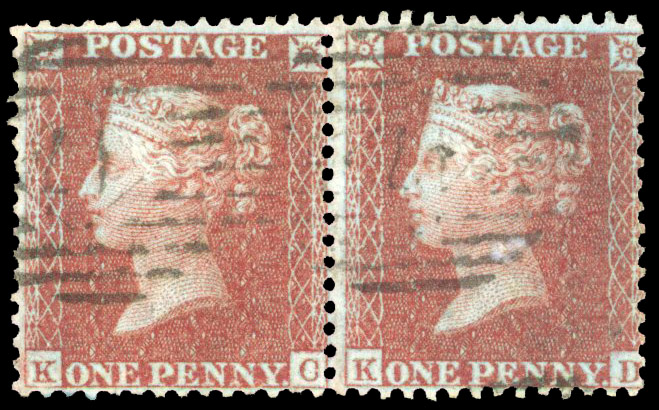 1855 1d Red-brown on blued paper Pl.22 Used pair (KC-KD)