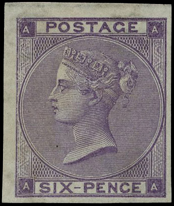 1862 6d lilac Pl.4 (Hair lines). Very fine unused o.g. imperforate imprimatur lettered AA. Scarce one of only 22 possibl…