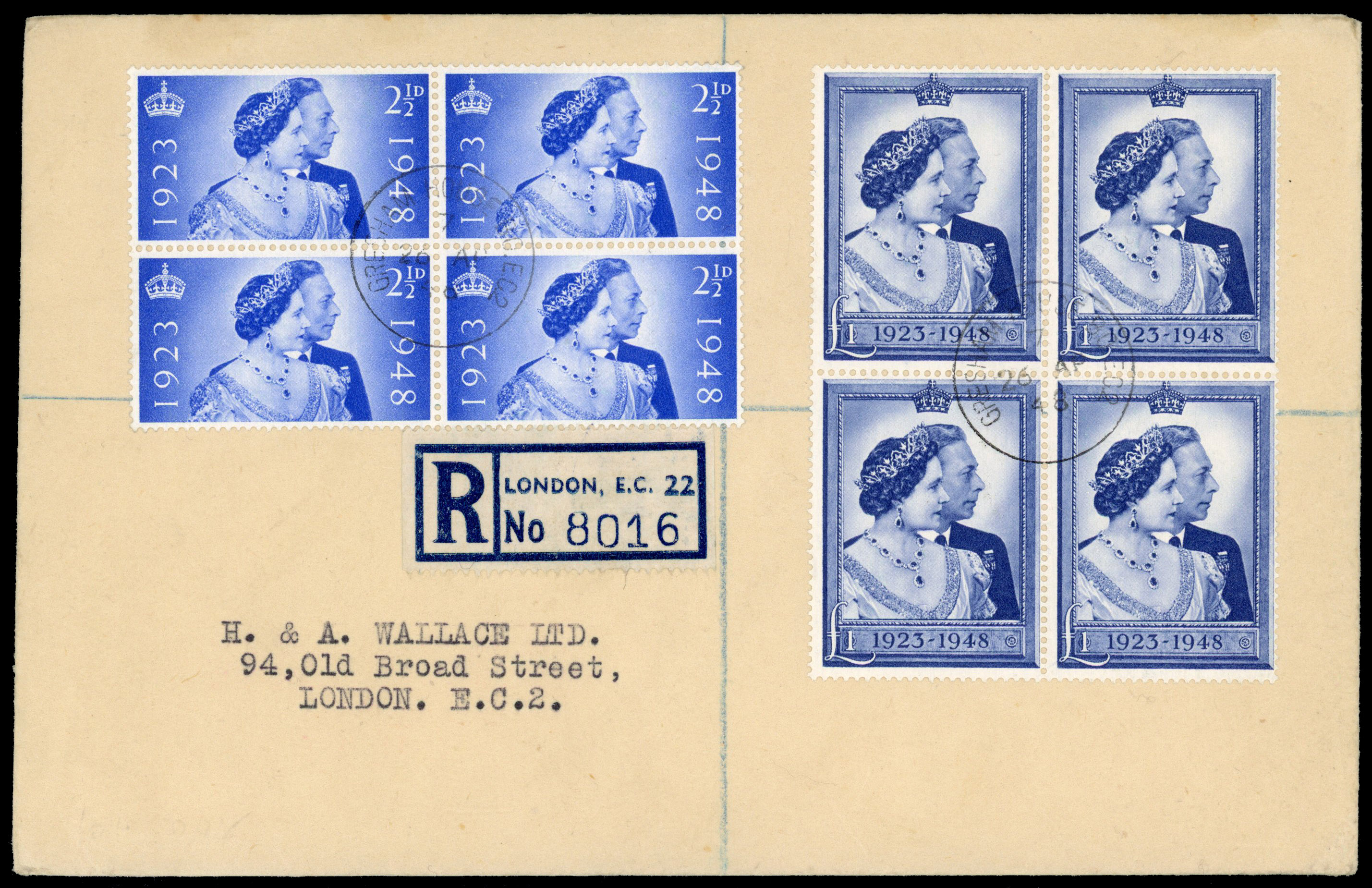 1948 2½d-£1 Royal Silver Wedding. FDC in blocks of four