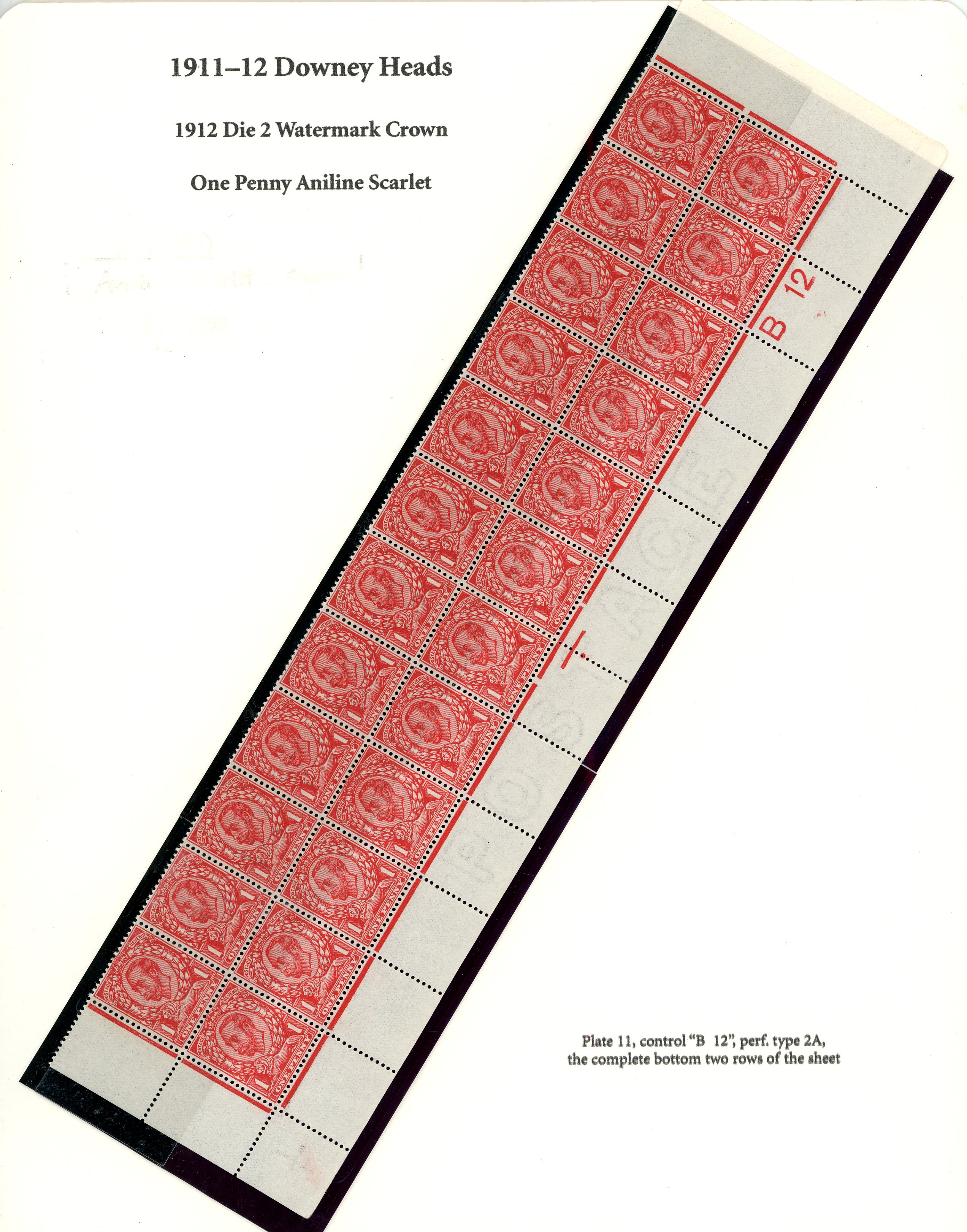 1912 1d aniline scarlet, die 2 watermark Crown, bottom two rows of sheet