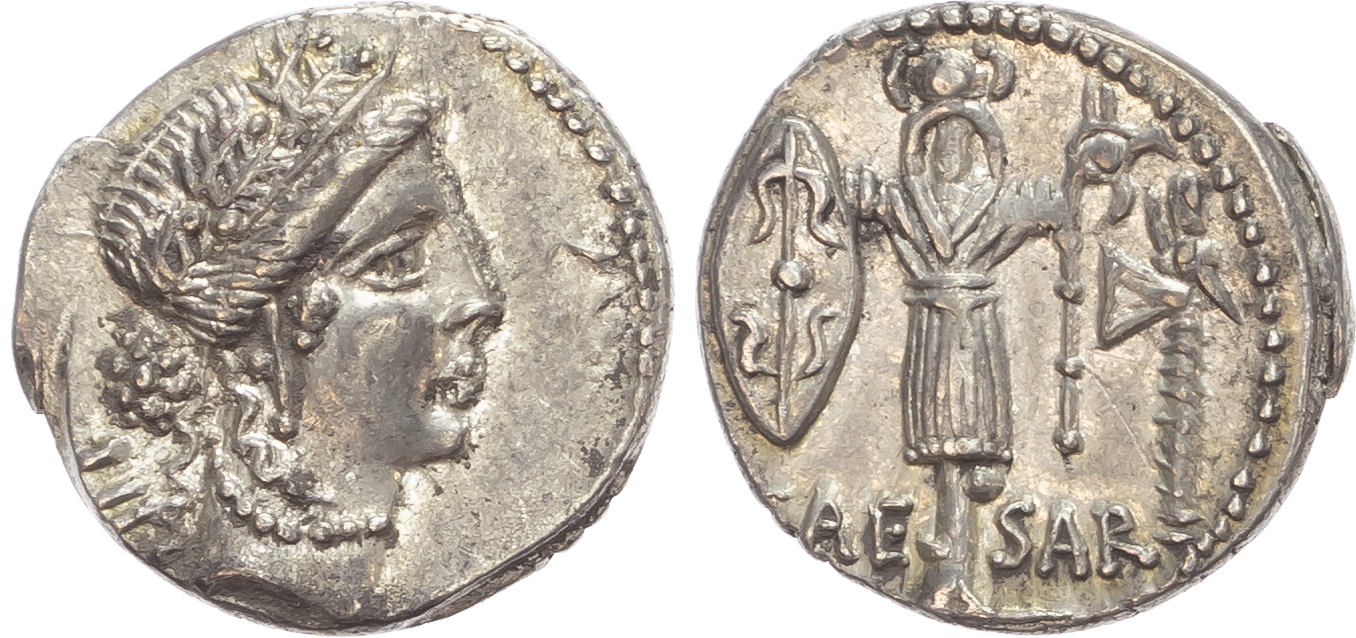 Julius Caesar (48‑47 BC) AR Denarius, moving mint, 4.01g.
