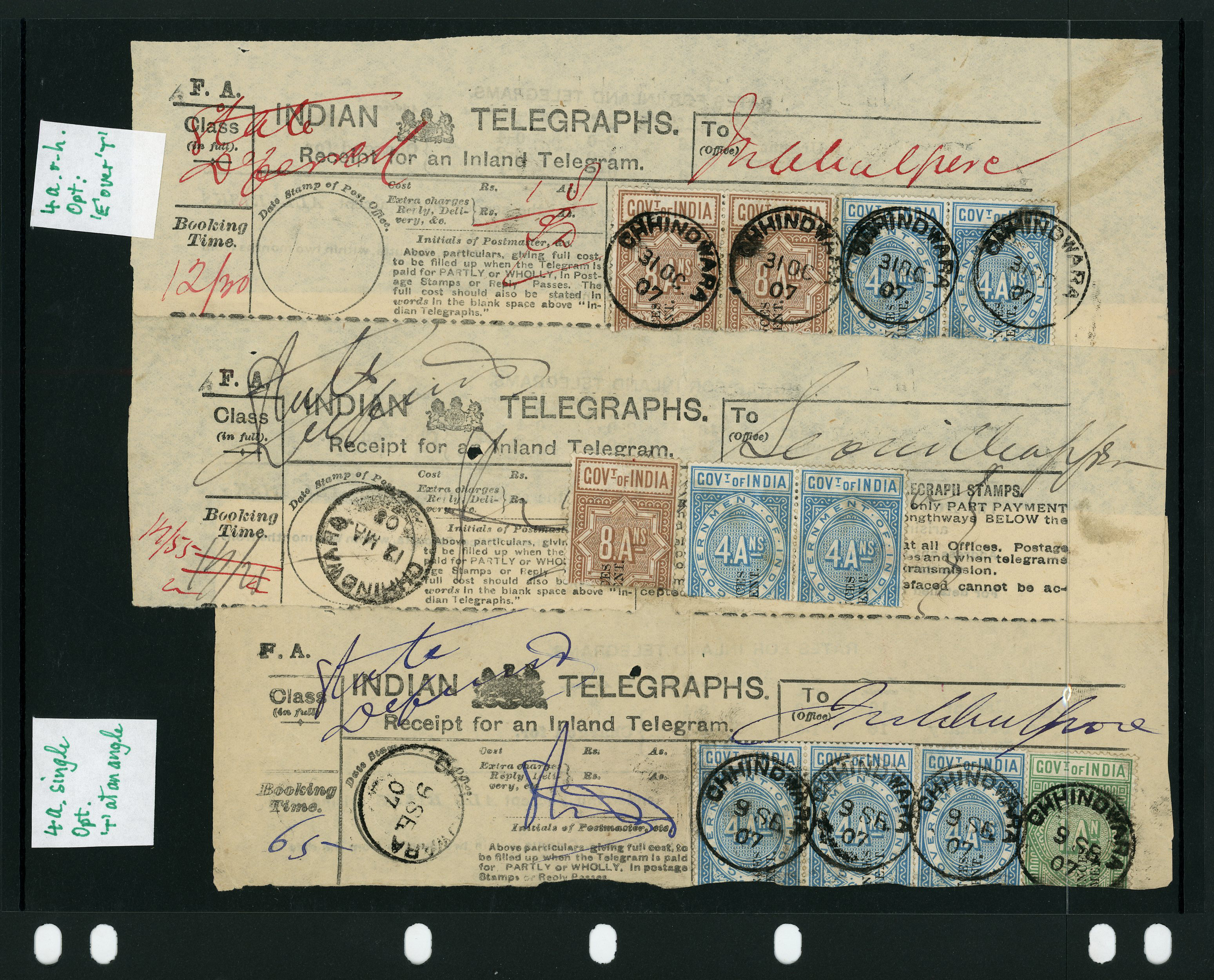India Telegraph Officials. 1907-8 nine receipt portions SG T56/59