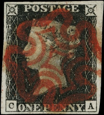 1840 1d black plate 4 (CA), four margins, cancelled with crisp red...