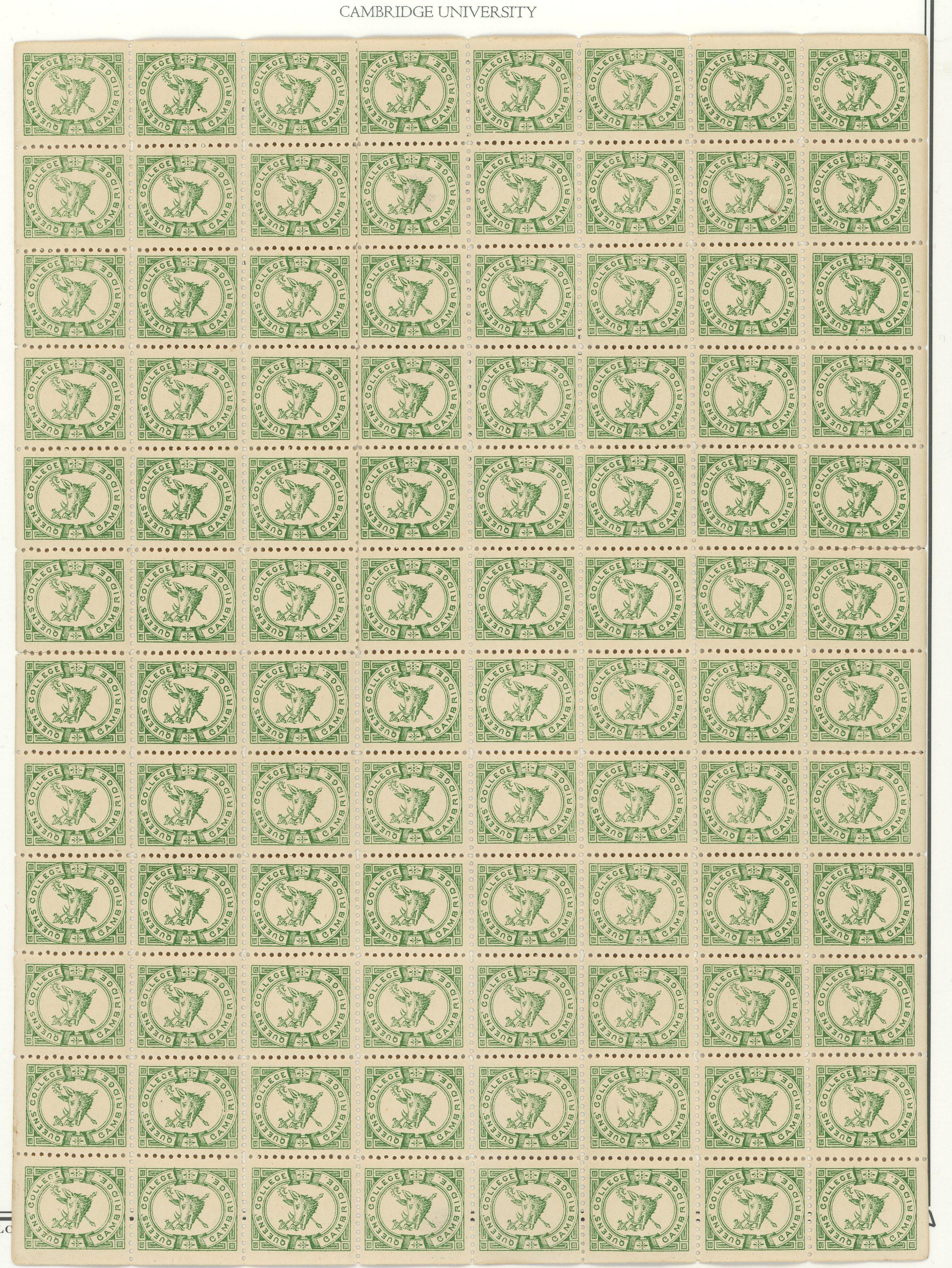 QUEENS' COLLEGE, CAMBRIDGE: 1883 (½d) bright green complete sheet.