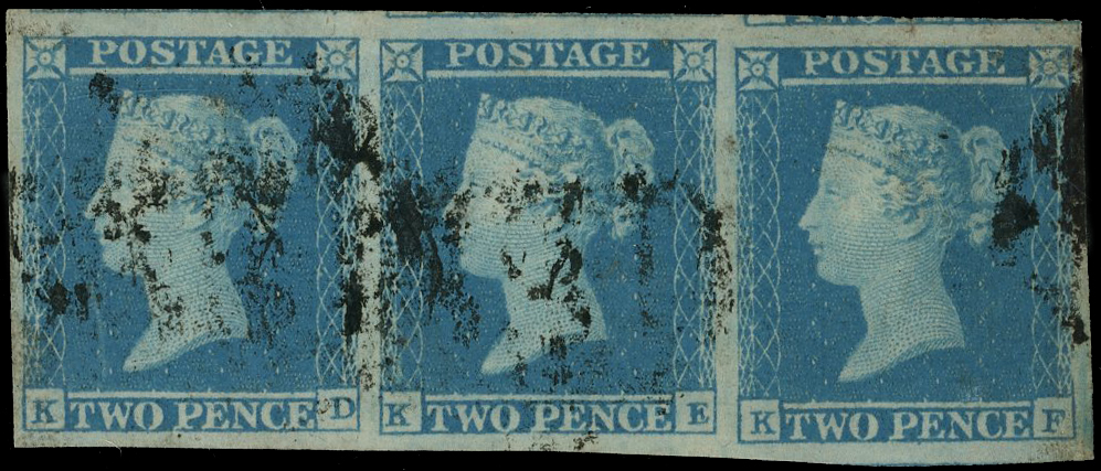 1841 2d blue, horizontal strip of 3 KD to KF, ivory heads, good to large margins with part of the above stamp at top