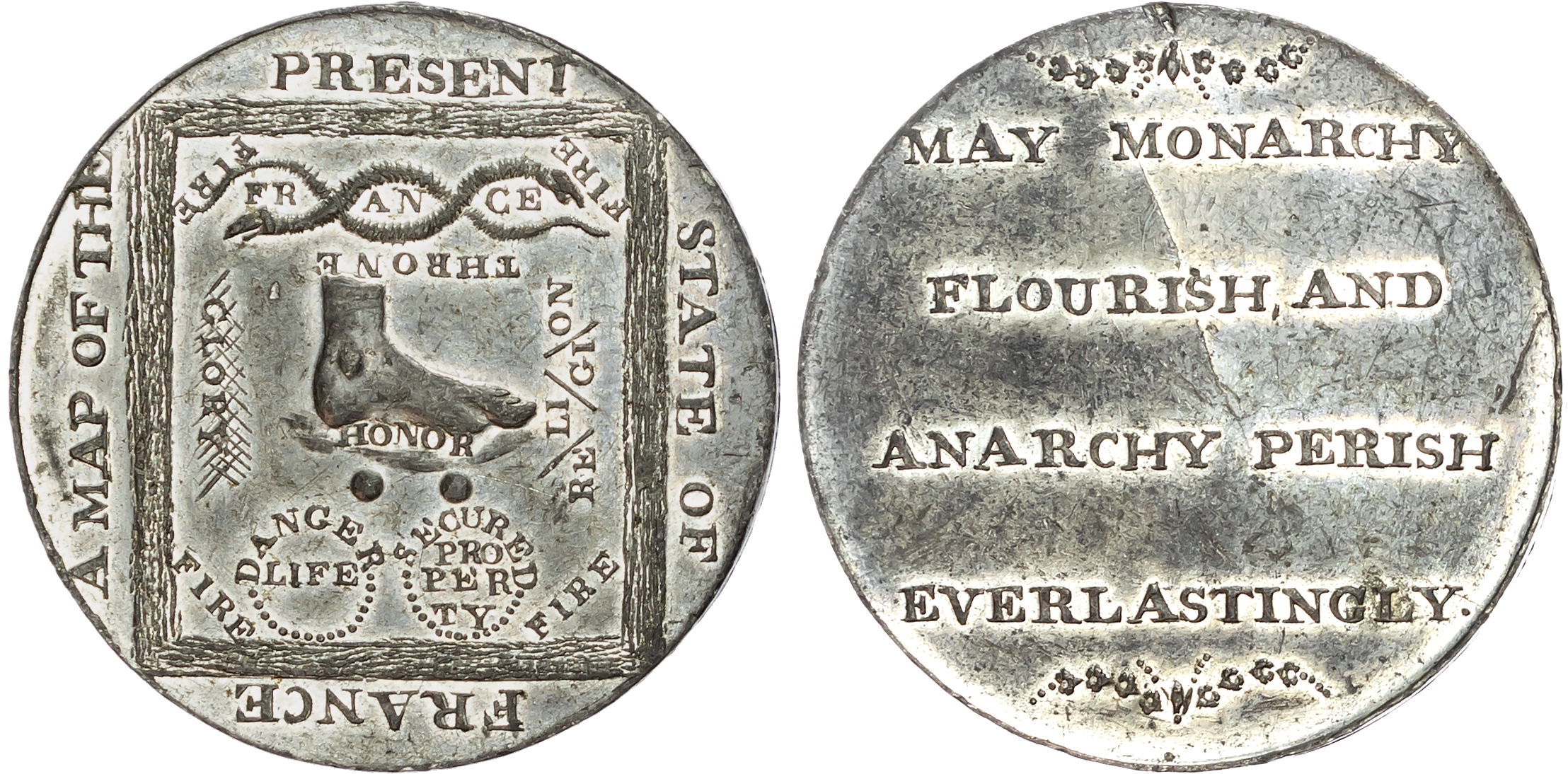 London , Political Series William Mainwaring, Satirical map of France, white metal Penny (1790s), A foot within a square …