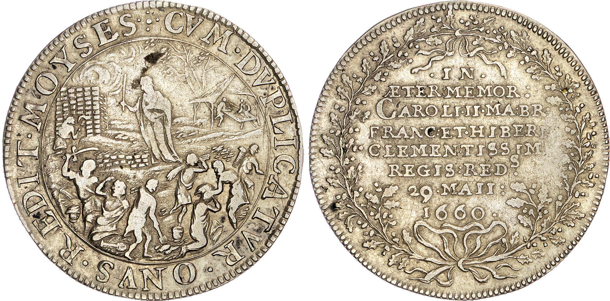 Charles II, Restoration, "Moses", Silver Medal, 1660, unsigned, by Thomas Rawlins.