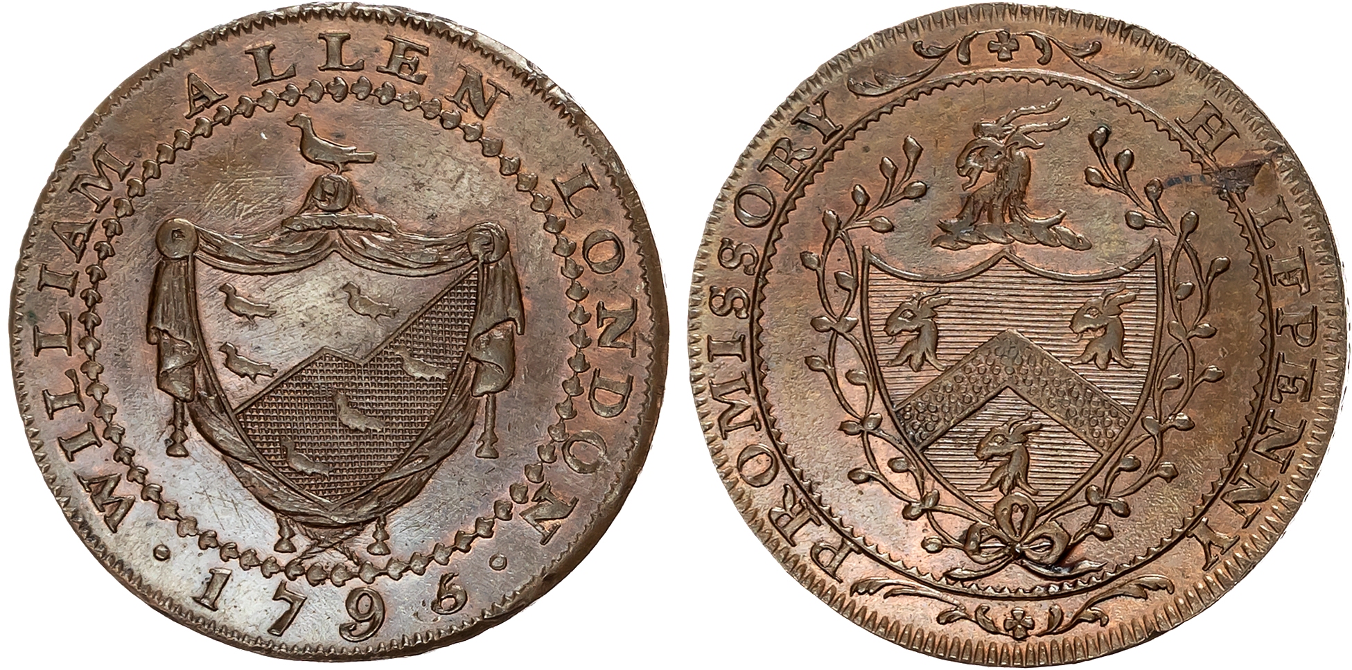 London, Chandos Street, William Allen (shoemaker and seller) Halfpenny 1795, Allen family arms, rev. Cordwainers arms, e …