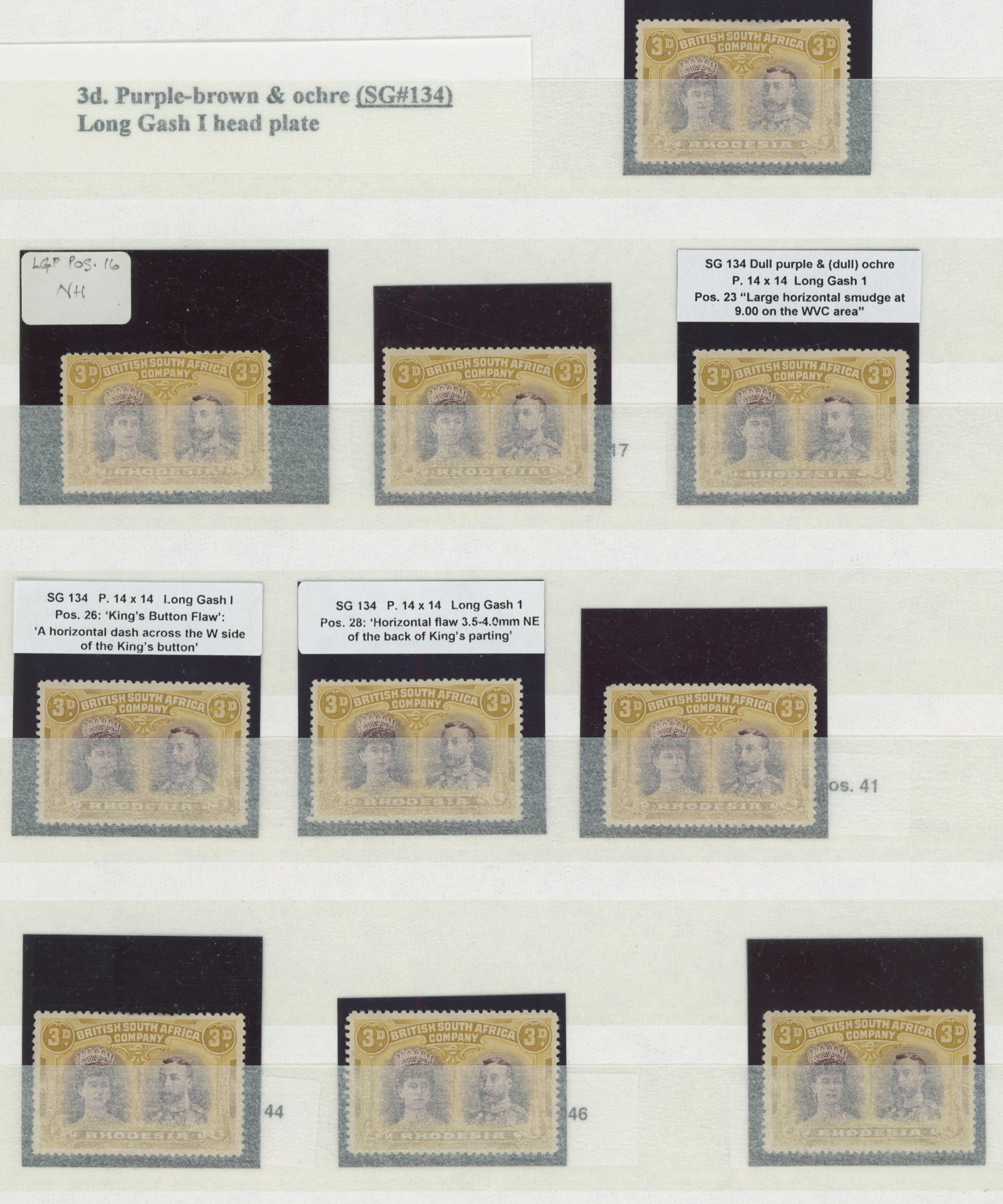 † 3d purple and ochre SG 134, positioned group mint