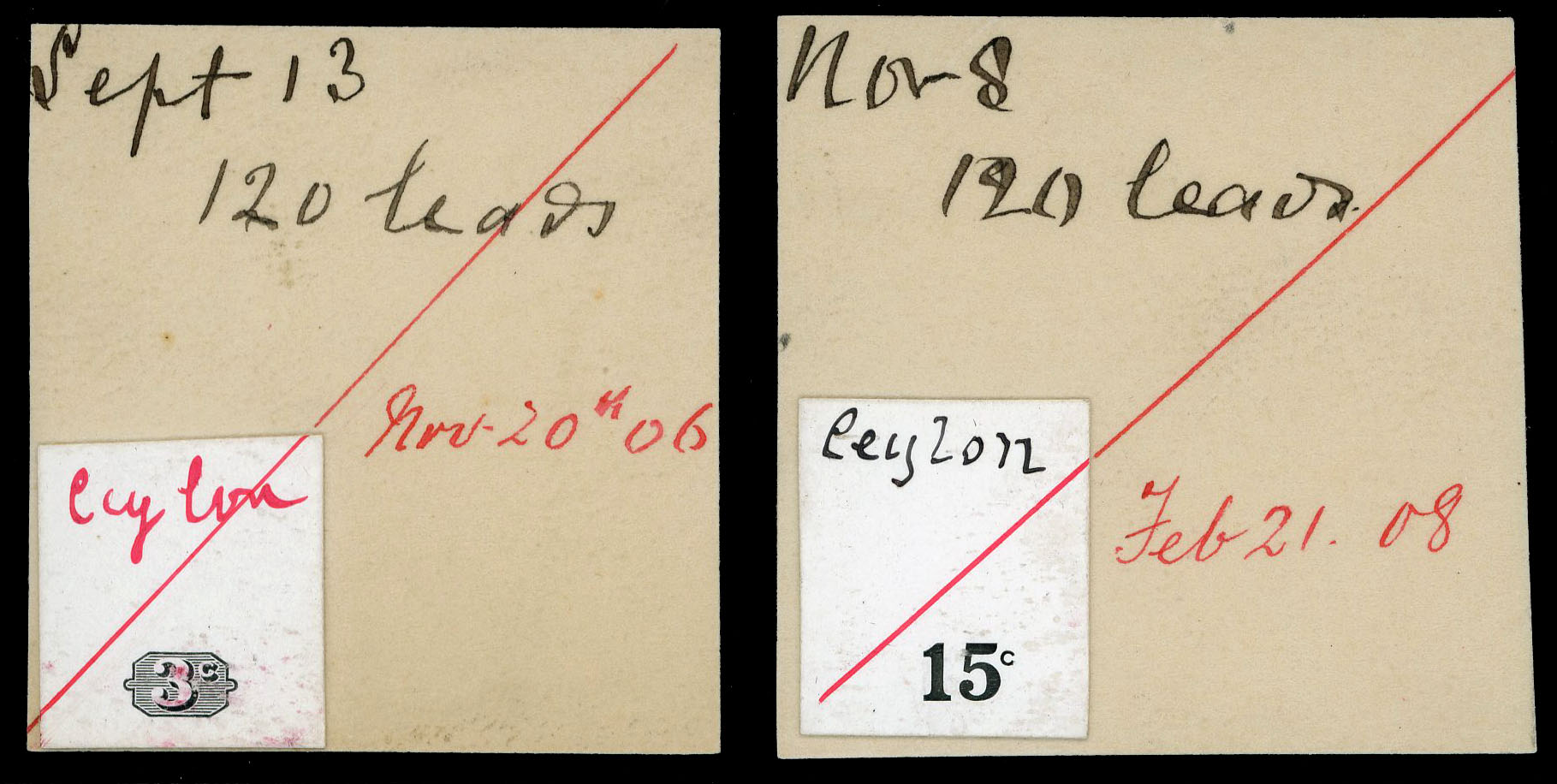 Ceylon 1904 3c and 15c value tablet proofs