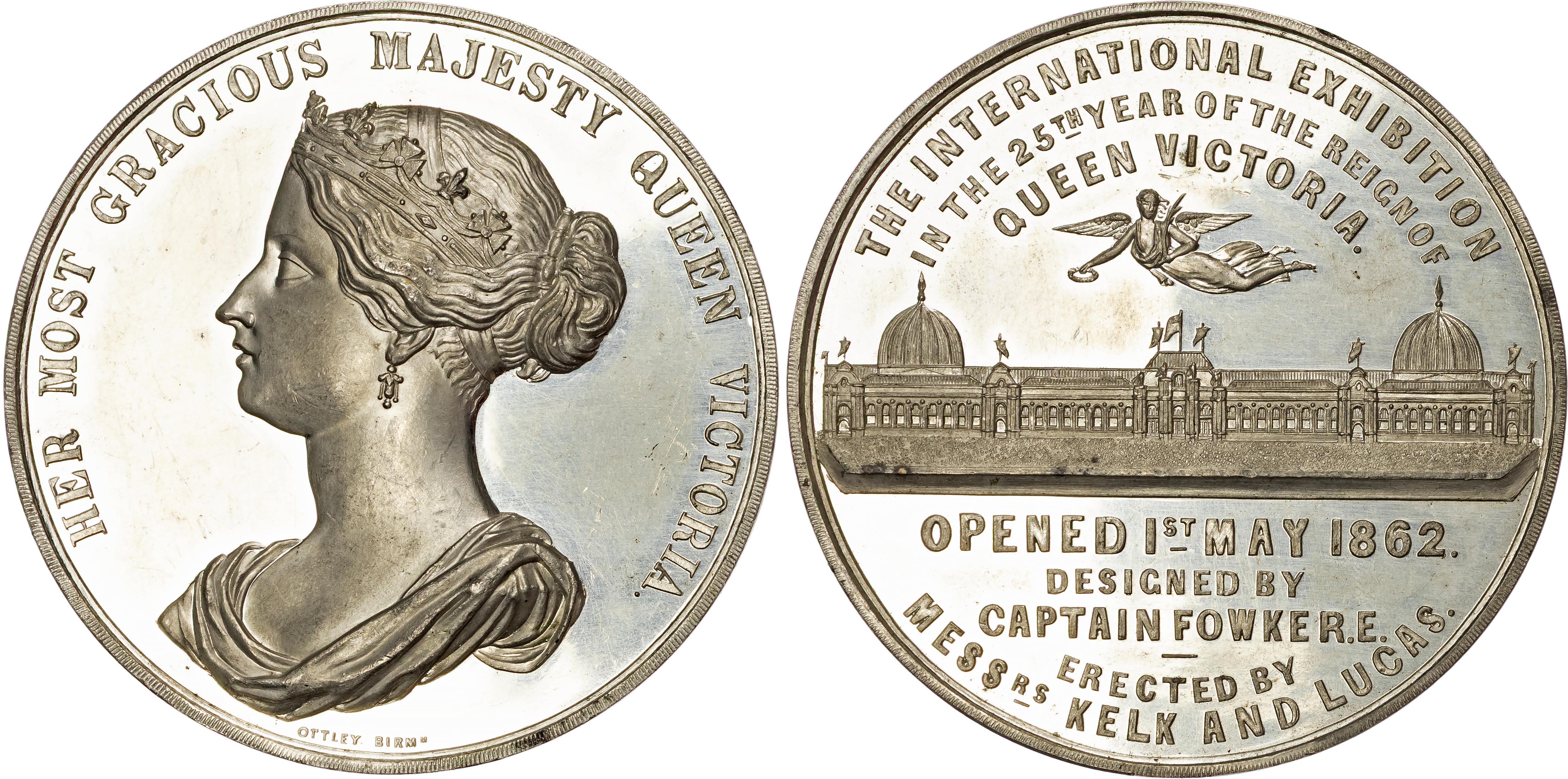 Victoria (1837-1901), International Exhibition, South Kensington, 1862, White metal medal by T. Ottley.