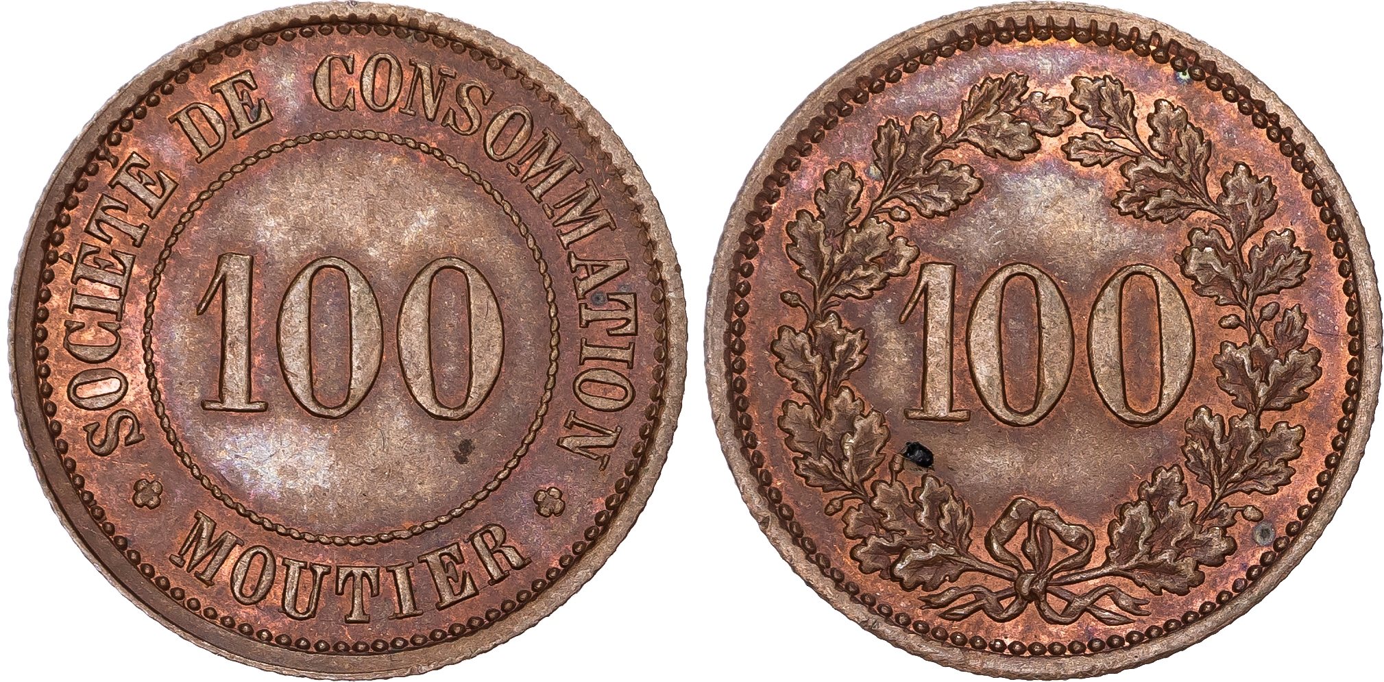 Switzerland. Moutiere CU 100 & 50 Rappen Emergency Tokens. Circa 1900-1920.