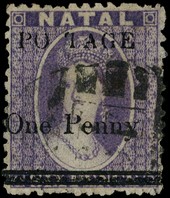 1877 ½d on 6d violet watermark Crown CC reversed, R8/3 'S' of POSTAGE omitted, postmark well clear of variety.  Perfs a...