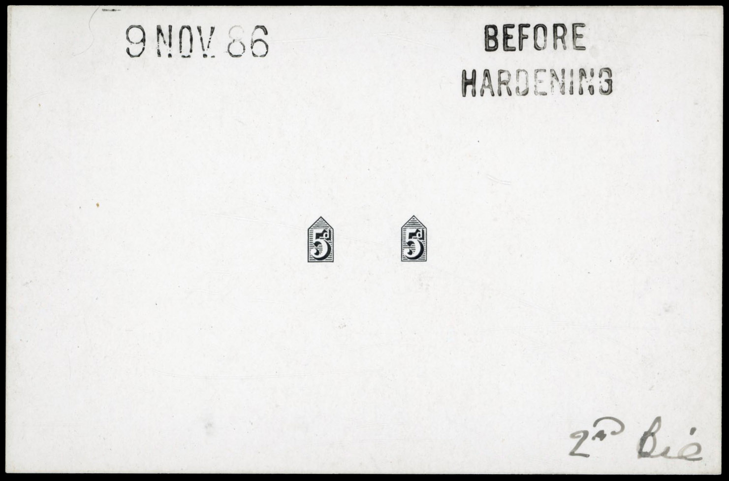 GB 1887-92 5d duty die proof (Die II), printed in black on white glazed card, For SG 207a
