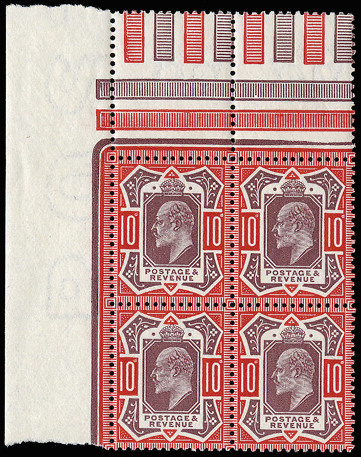 Great Britain 1911 10d Dull purple and scarlet. Very fine unmounted o.g. top left hand corner marginal block of fo…