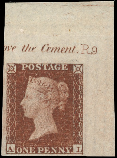 1854 1d Red brown Pl.R9. (Alphabet II). Corner plate number imprimatur