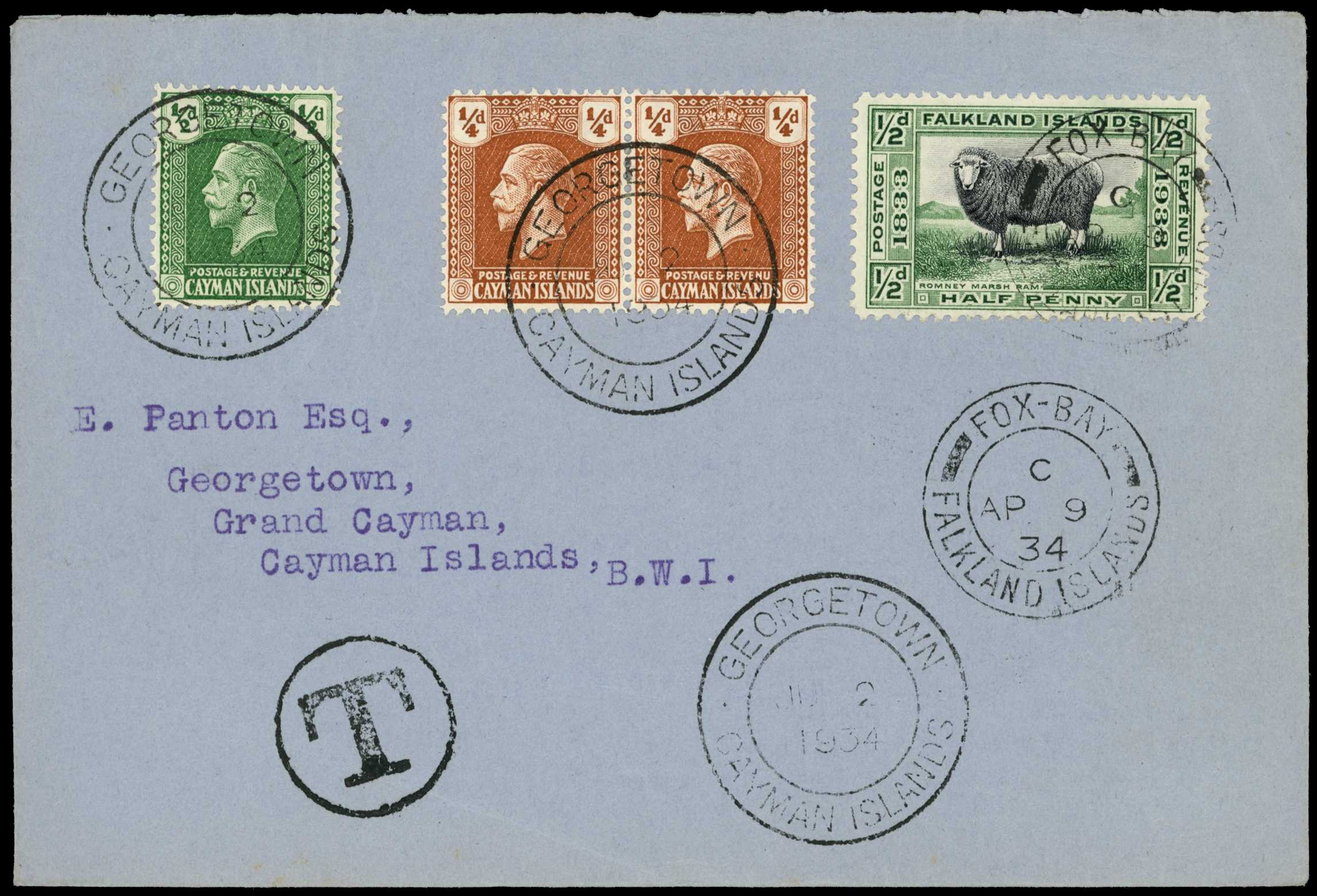1934 "Panton Cover" from Falkland Islands,...