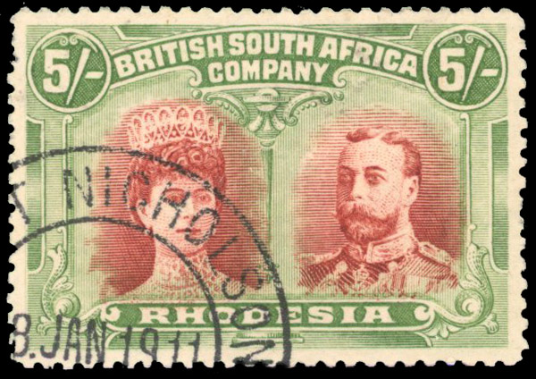 Rhodesia 1910-13 5s vermilion and deep green perf 14 used