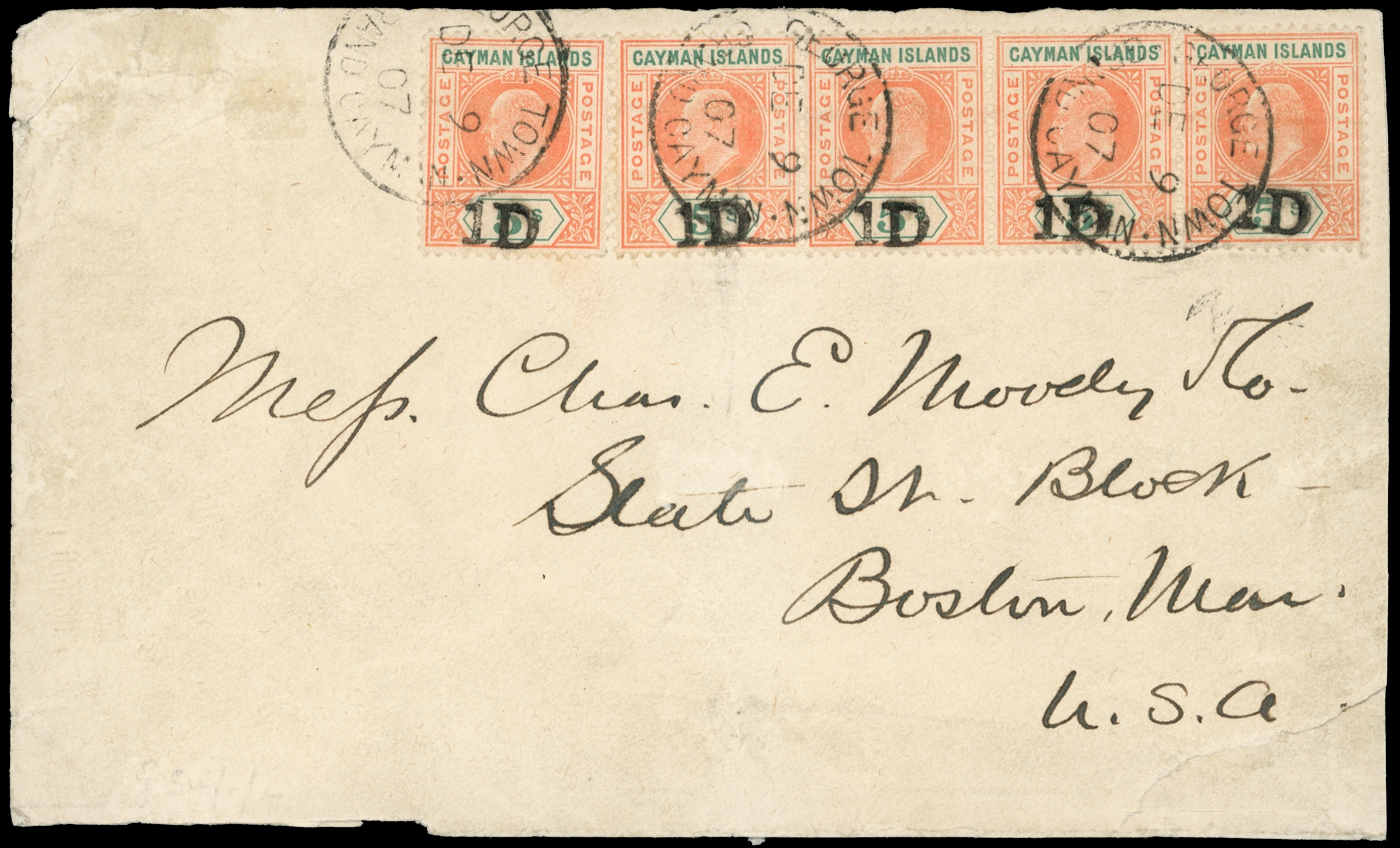  
1907 Strip of four and single "1D" on...