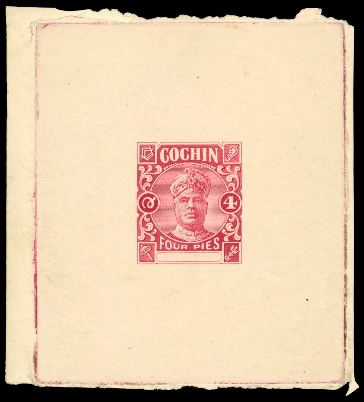 I.F.S Cochin 4p Postal Stationery head die proof in unissued carmine