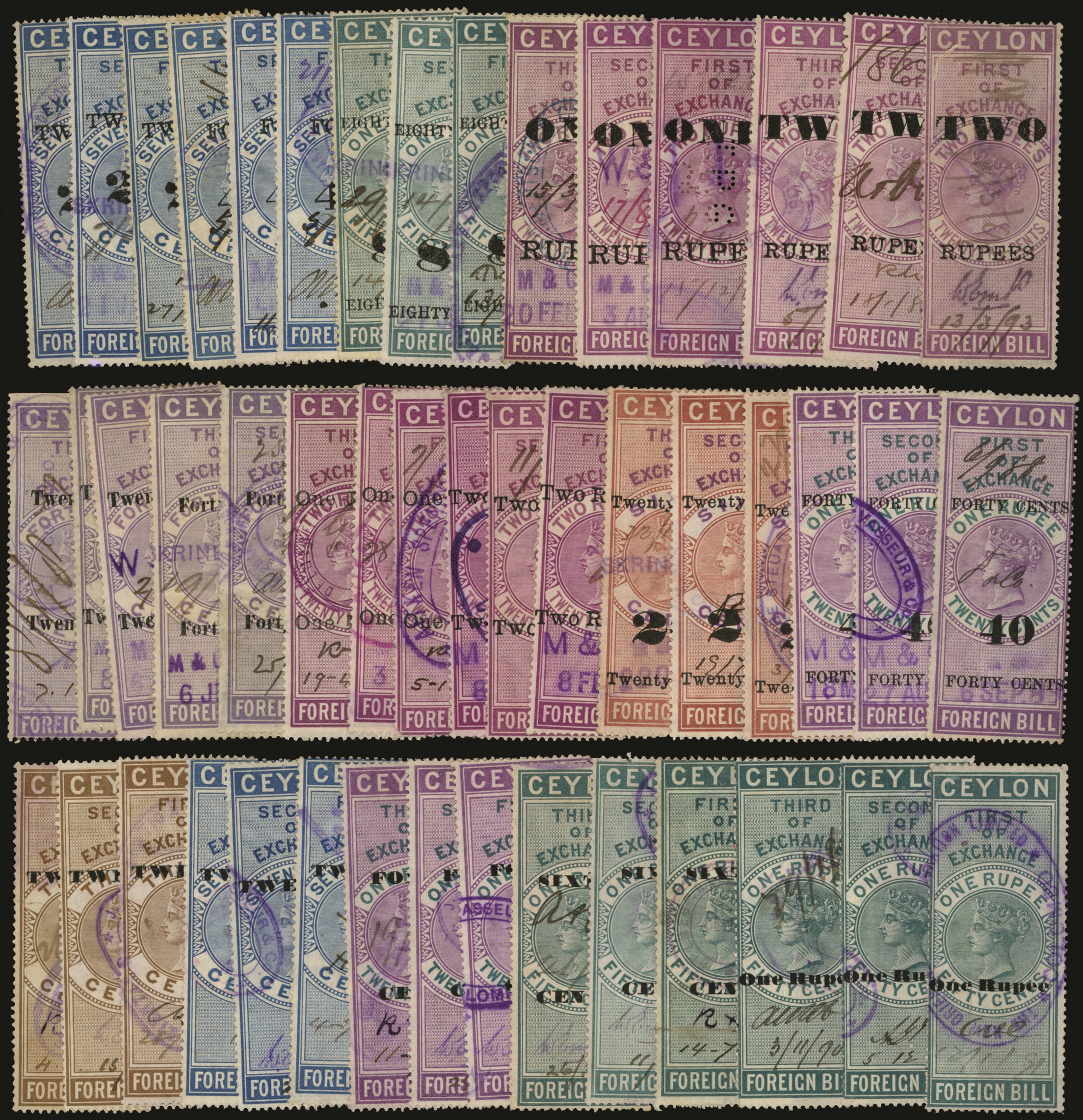 Ceylon 1885-95 Foreign Bill local surcharges complete set of 32 in triplicate. 
