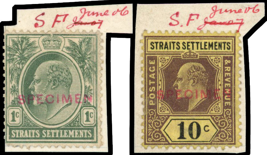 Straits Settlements 1904-10 1c, 10c DLR file copies overprinted Specimen