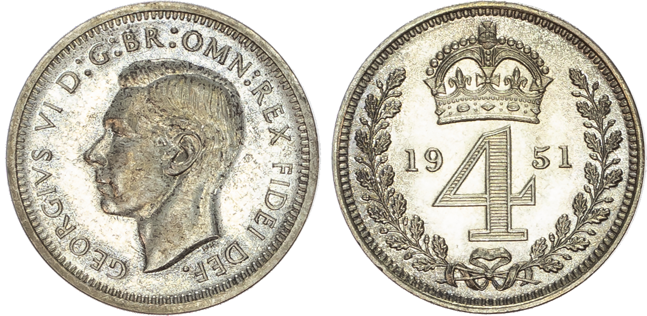 George VI (1936-1952) Maundy Set, 1951, fourpence, threepence, twopence, penny.